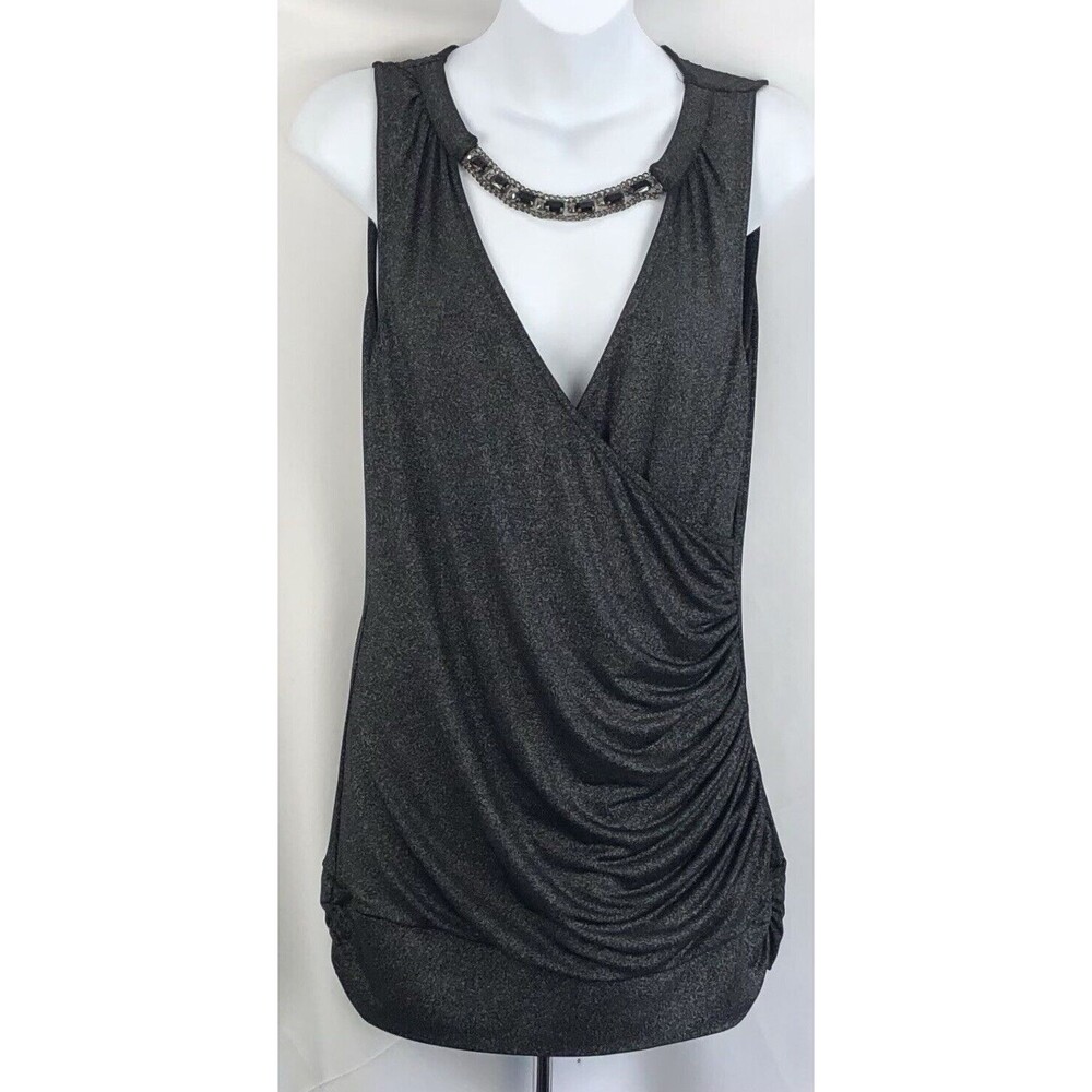 Vtg Draped mini dress L Jrs Blk Glitter Sleeveless Surplice Beads Chains Glam